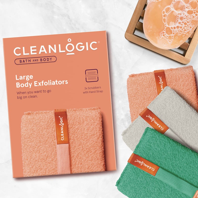 Cleanlogic Bath and Body Exfoliating Body Scrubber, Large Exfoliator Tool for Smooth and Softer Skin, Daily Skincare Routine, Assorted Colors, 3 Count Value Pack - Image 2