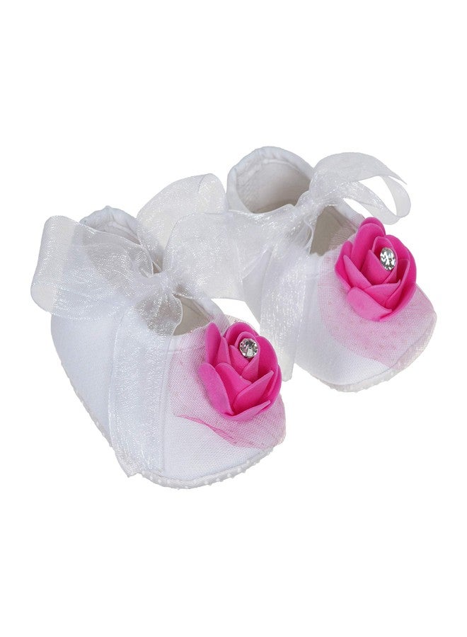 Rsmart Ribbon Closure White Booties with rose Flowers for Baby Girl & Boy_ Pink (Age: 9-12 Months) - Image 1
