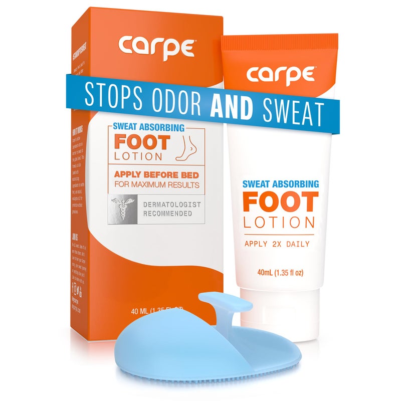 Carpe Sweat Absorbing Foot Lotion WITH APPLICATOR, A dermatologist-recommended solution to stop sweaty, smelly feet, Helps prevent blisters, Great for hyperhidrosis. 1 Tube + Applicator - Image 1