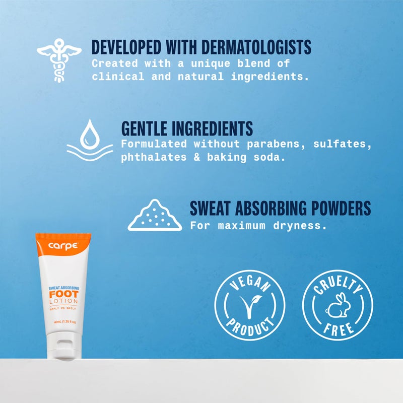 Carpe Sweat Absorbing Foot Lotion WITH APPLICATOR, A dermatologist-recommended solution to stop sweaty, smelly feet, Helps prevent blisters, Great for hyperhidrosis. 1 Tube + Applicator - Image 2