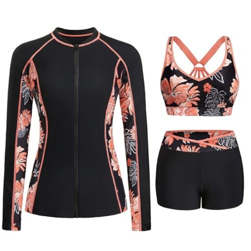 Daci Orange Floral Women 3 Piece Rash Guard Long Sleeve Zip Up Swim Shirt with Sports Bra and Shorts UPF 50 Modest Swimuits 2026 L - Image 1