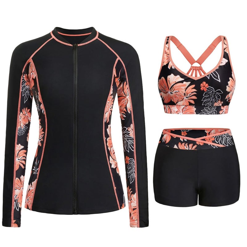 Daci Orange Floral Women 3 Piece Rash Guard Long Sleeve Zip Up Swim Shirt with Sports Bra and Shorts UPF 50 Modest Swimuits 2026 L - Image 2