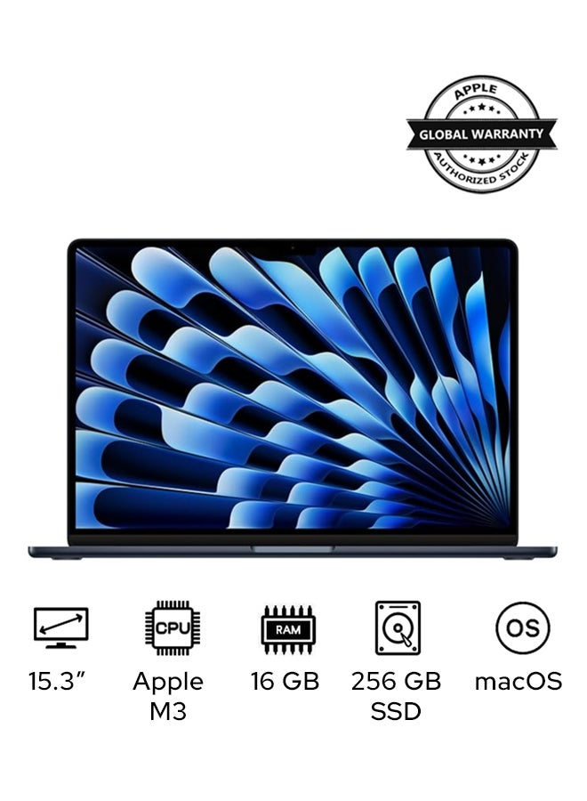 MacBook Air MC9G4 | 15.3 Inch Display | Apple M3 Chip | 8-Core CPU and 10-Core GPU | 16GB RAM | 256GB SSD | macOS | English Keyboard | International Version | Midnight