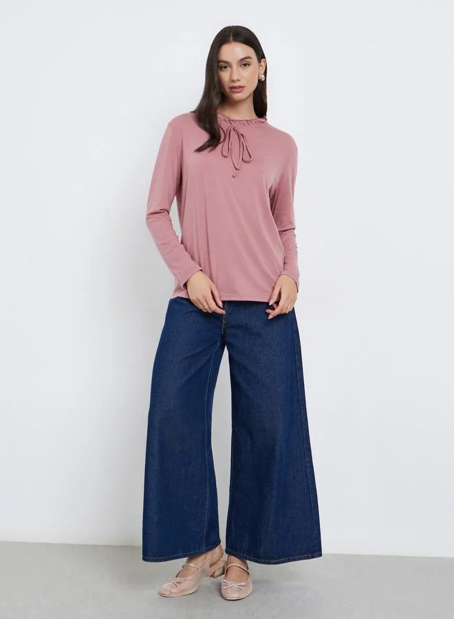 Styli Styli Pink Long Sleeve T-Shirt with Ruffle Neck