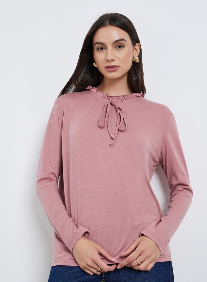 Styli Pink Long Sleeve T-Shirt with Ruffle Neck - Image 1