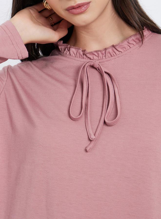 Styli Pink Long Sleeve T-Shirt with Ruffle Neck - Image 3