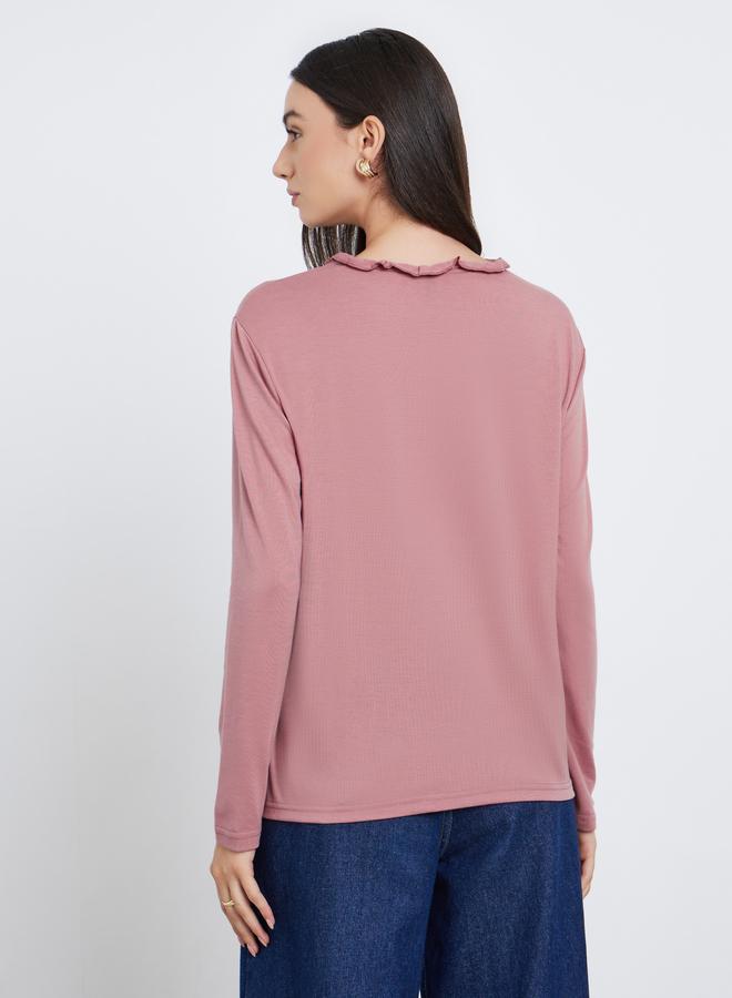 Styli Pink Long Sleeve T-Shirt with Ruffle Neck - Image 4