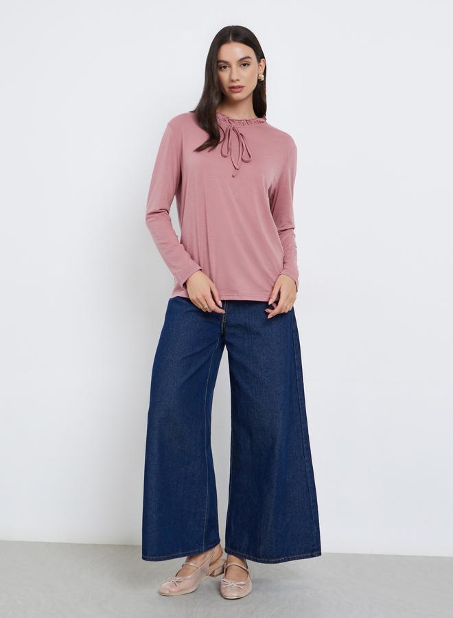 Styli Pink Long Sleeve T-Shirt with Ruffle Neck - Image 2