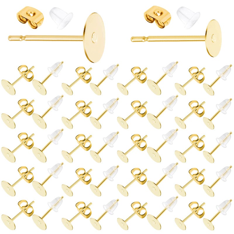 Flasoo Earring Posts Stainless Steel, Flasoo 1200Pcs Hypoallergenic Earring Posts and Backs, Gold Flat Pad Earring Studs with Clutch for Earring Making and DIY Stud Earring Supplies - Image 1