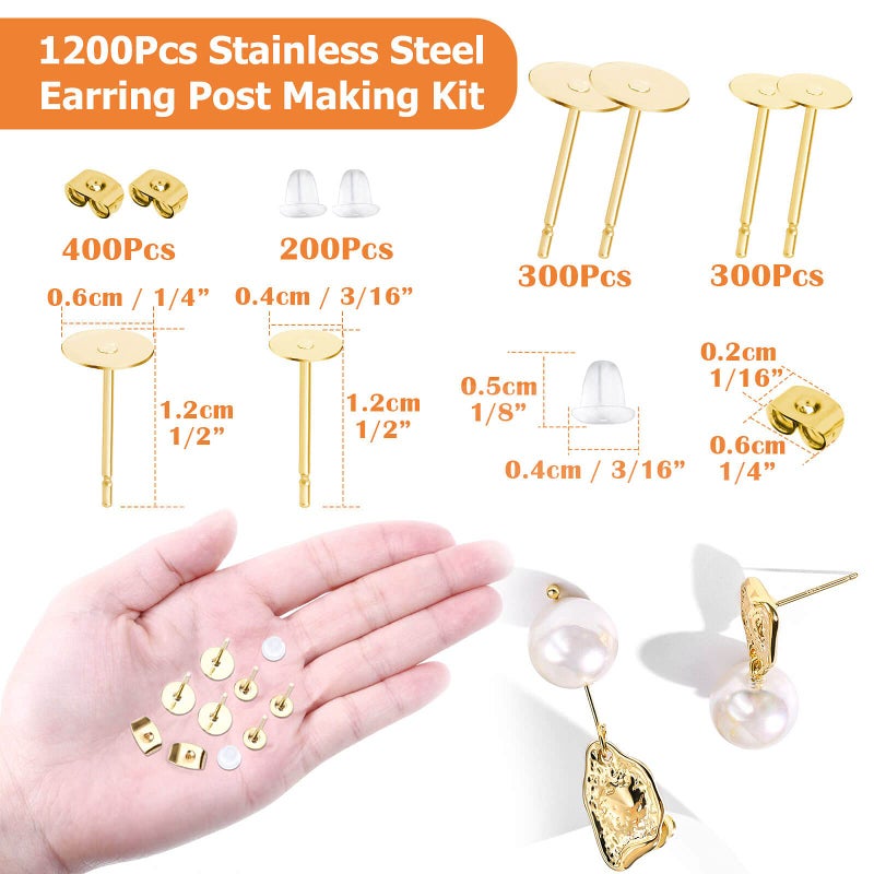 Flasoo Earring Posts Stainless Steel, Flasoo 1200Pcs Hypoallergenic Earring Posts and Backs, Gold Flat Pad Earring Studs with Clutch for Earring Making and DIY Stud Earring Supplies - Image 5