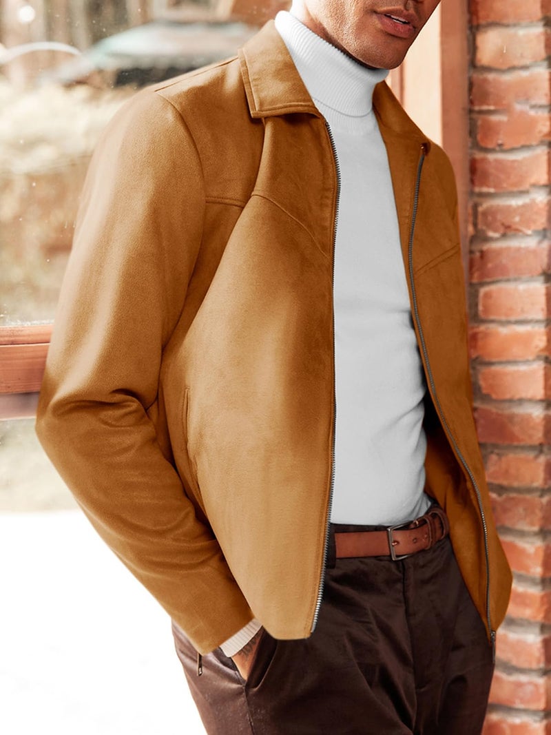 Runcati Men's Suede Jacket Full Zip Casual Vintage Jackets Lightweight Classic Trucker Coat - Image 3