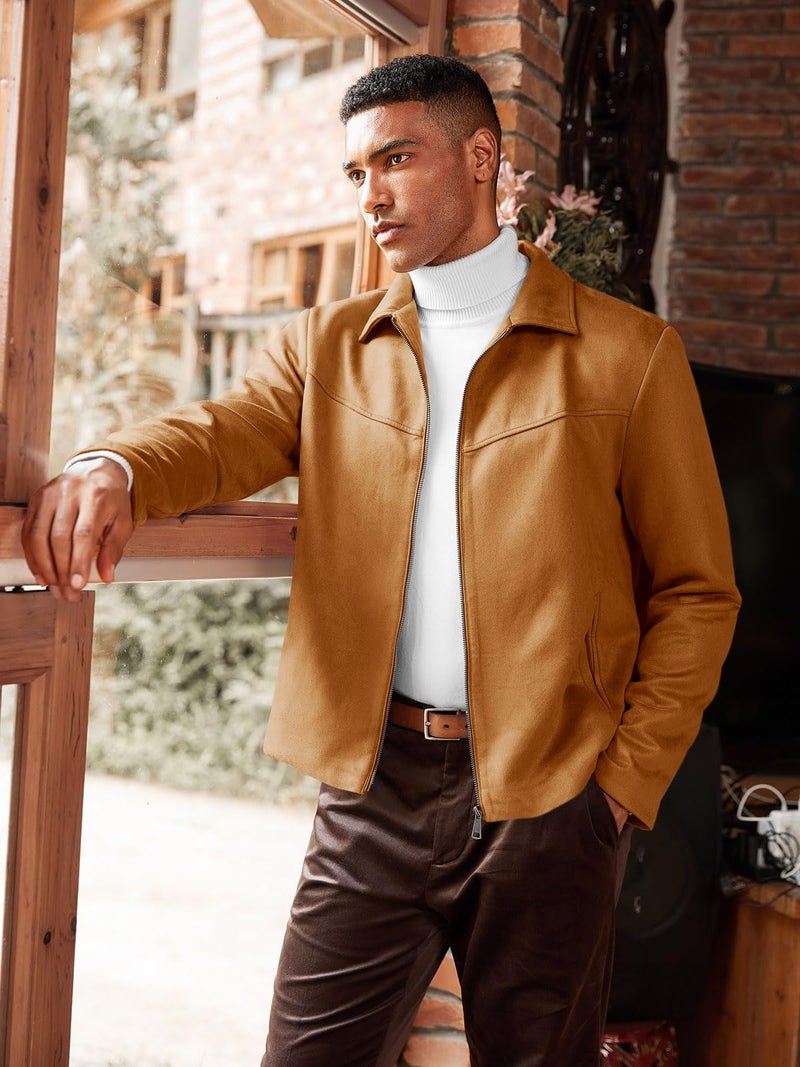 Runcati Men's Suede Jacket Full Zip Casual Vintage Jackets Lightweight Classic Trucker Coat - Image 2