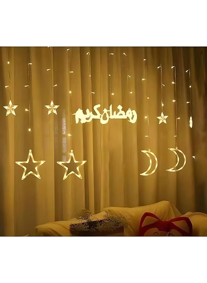 Stars & Crescent Moons Curtain Lights with Eid Mubarak LED Light - Perfect for Ramadan & Eid Home Décor