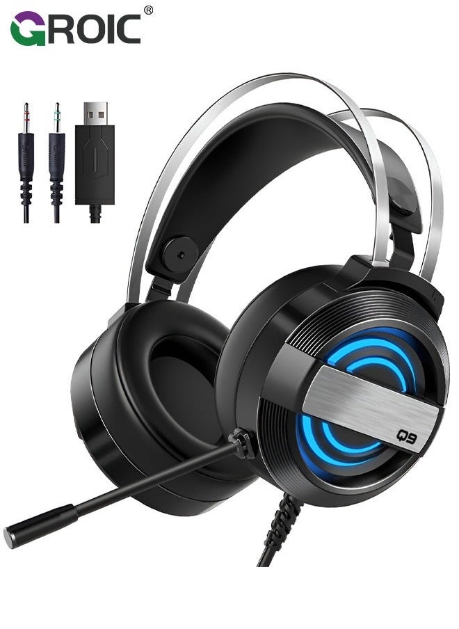 جرويك سماعة ألعاب سلكية باللون الأسود لجهاز PS4/PS5/PC/Xbox One، بتصميم مريح فوق الأذن مع صوت ميكروفون ستيريو، كمبيوتر مقبس USB وRGB  - Image 1
