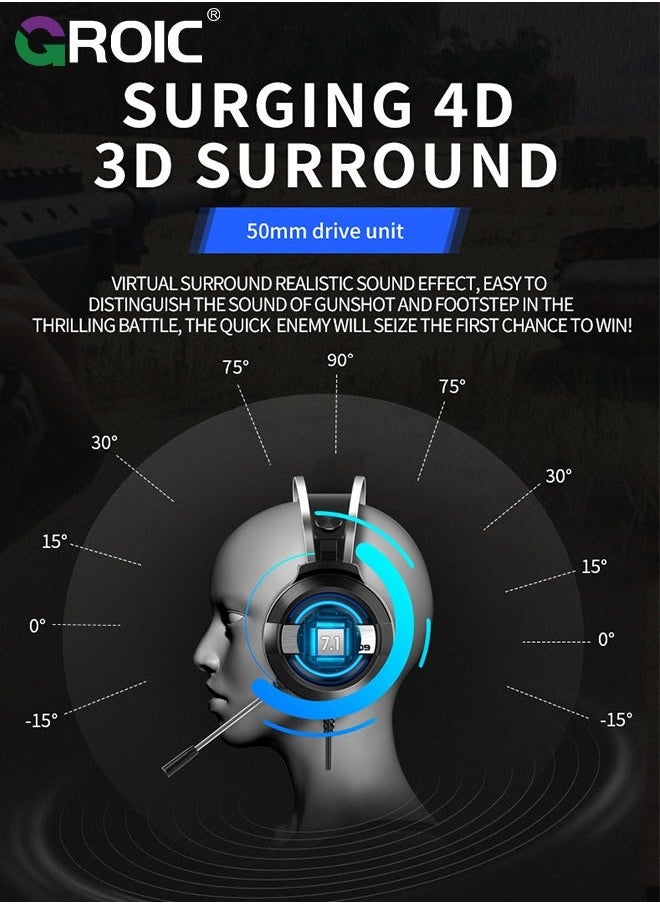 GROIC - Black Wired Gaming Headset for PS4/PS5/PC/Xbox One, Ergonomic Design Over Ear with Stereo Microphone Sound, Computer USB Jack & RGB - Image 1