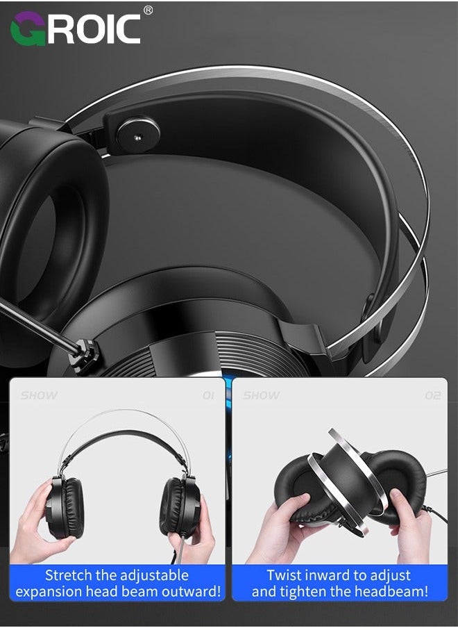 GROIC - Black Wired Gaming Headset for PS4/PS5/PC/Xbox One, Ergonomic Design Over Ear with Stereo Microphone Sound, Computer USB Jack & RGB - Image 1