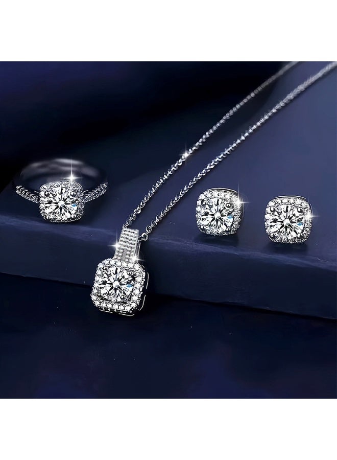 Elegant Jewelry Set for Women – Shiny Necklace, Stud Earrings & Ring Trio, Delicate Sparkling Set for Gift, Anniversary, Party, or Daily Wear - Image 1