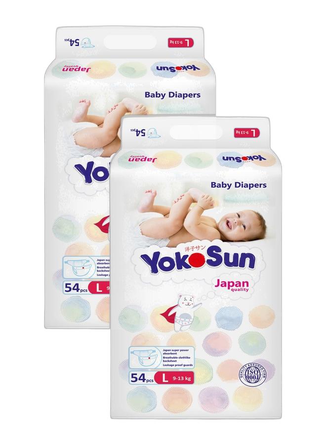 يوكوصن حفاضات يوكو صن للأطفال، مقاس 4 / L (9–13 كغ)، 54 قطعة × عبوتين – ناعمة جدًا، مضادة للحساسية، بتكنولوجيا يابانية لراحة الطفل، مانعة للتسرب مع حماية الجفاف لمدة 12 ساعة - Image 1