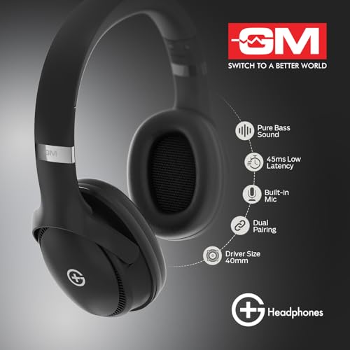 GM G+ Headphones, Over The Ear Headphones with Mic, BT 5.3, Pure Bass, 45ms Low Latency, Dual Pairing, 4 Play Modes (FM, Radio, SD Aux) 55H Playtime - Black - Image 3