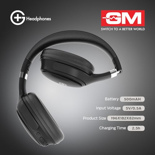 GM G+ Headphones, Over The Ear Headphones with Mic, BT 5.3, Pure Bass, 45ms Low Latency, Dual Pairing, 4 Play Modes (FM, Radio, SD Aux) 55H Playtime - Black - Image 4