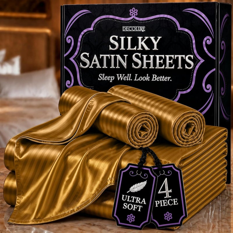 DECOLURE Satin Bed Sheets - 4 Piece Luxury Silky Full Size Bedding Set - Softer Than Silk, Wrinkle-Free with 15” Deep Pocket Fitted Sheet, Perfect for Hair & Skin, Gifts for Women (Striped Gold) - Image 1