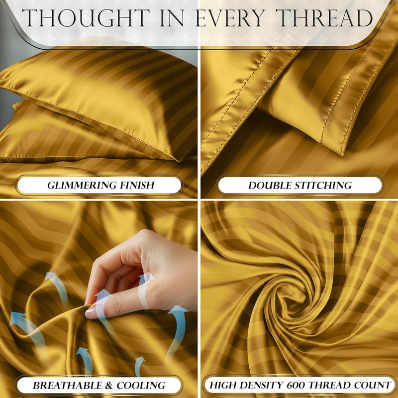 DECOLURE Satin Bed Sheets - 4 Piece Luxury Silky Full Size Bedding Set - Softer Than Silk, Wrinkle-Free with 15” Deep Pocket Fitted Sheet, Perfect for Hair & Skin, Gifts for Women (Striped Gold) - Image 3