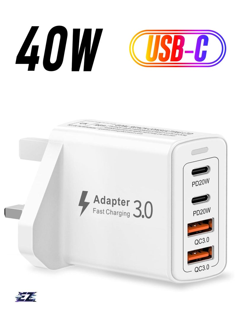 ELTRAZONE New USB C Plug, 40W 4-Port USB C Fast Charger Plug Multi USB Plug Adapter, UK Fast Charge Type C Plug Charger, USB Charger Plug, Dual USB C Power Adapter for iPhone 16, 15, 14, 13 Pro Max, iPad, Samsung Galaxy - Image 1