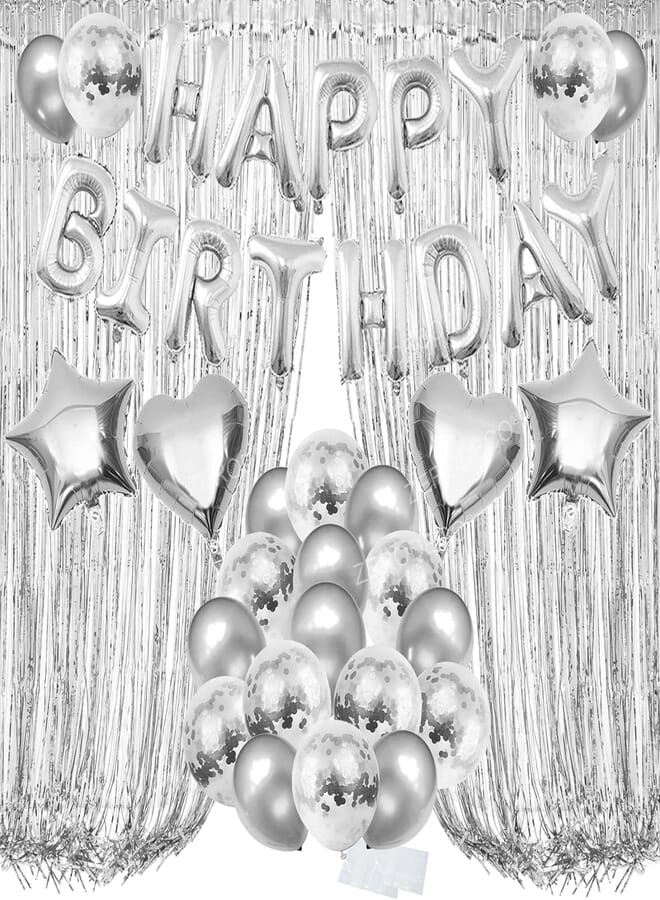ZERODECO Silver Balloons Decorations, Bday Metallic Foil Happy Birthday Balloon Fringe Shiny Curtains Star Balloons Heart Balloons Confetti Balloons and Latex Balloons (Silver A)