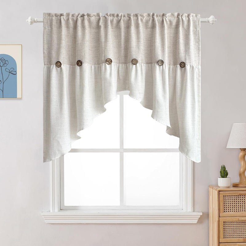 AiFMQQ Farmhouse Boho Linen Button Arched Valance Curtains for Kitchen Window Dining Room Cafe Valance for Small Windows Bathroom Macrame Valances Rod Pocket 1 Panel (Beige Arched, W52 L35 inch) - Image 3