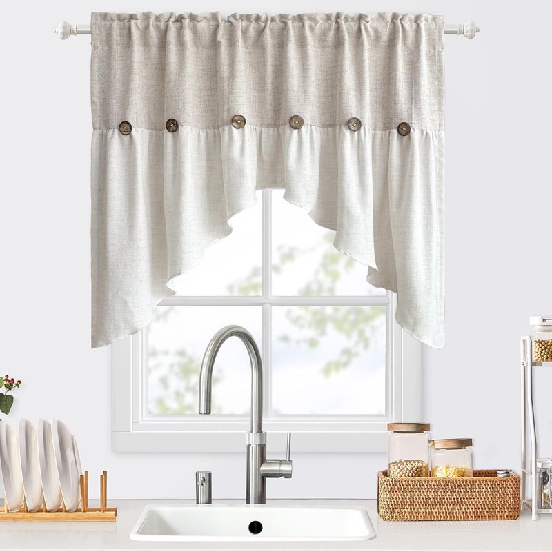 AiFMQQ Farmhouse Boho Linen Button Arched Valance Curtains for Kitchen Window Dining Room Cafe Valance for Small Windows Bathroom Macrame Valances Rod Pocket 1 Panel (Beige Arched, W52 L35 inch) - Image 4