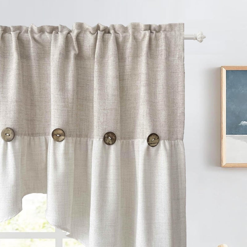 AiFMQQ Farmhouse Boho Linen Button Arched Valance Curtains for Kitchen Window Dining Room Cafe Valance for Small Windows Bathroom Macrame Valances Rod Pocket 1 Panel (Beige Arched, W52 L35 inch) - Image 2
