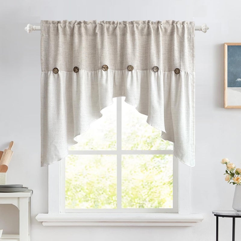AiFMQQ Farmhouse Boho Linen Button Arched Valance Curtains for Kitchen Window Dining Room Cafe Valance for Small Windows Bathroom Macrame Valances Rod Pocket 1 Panel (Beige Arched, W52 L35 inch) - Image 1