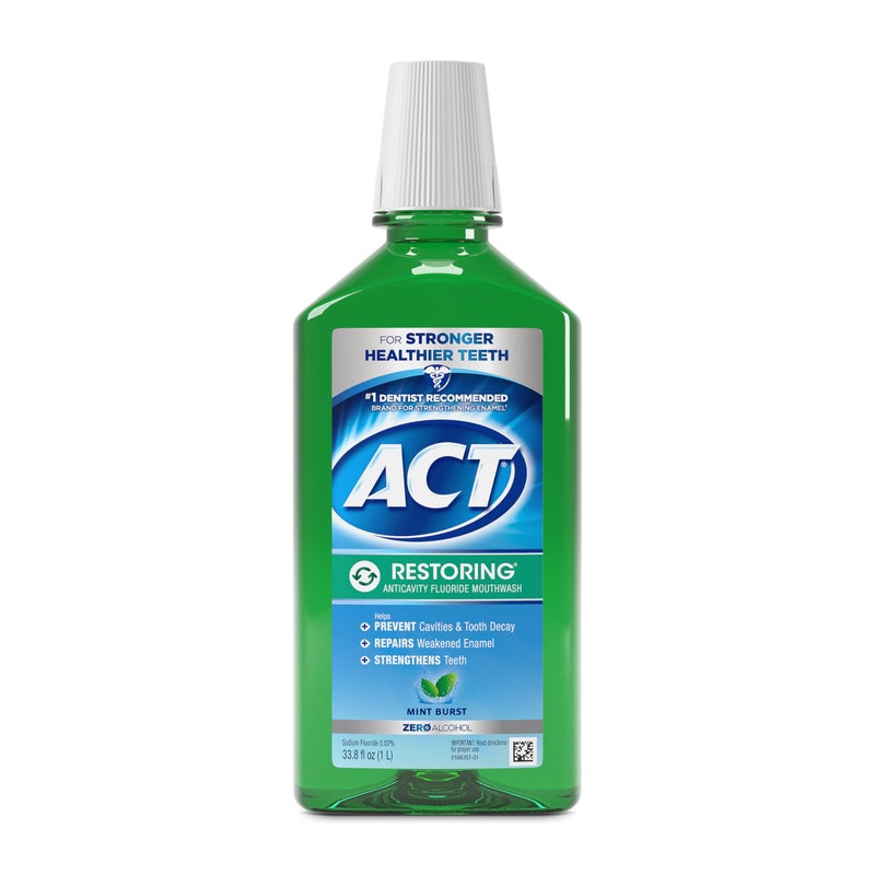 ACT Restoring Zero Alcohol Fluoride Mouthwash 33.8 fl. oz. Strengthens Tooth Enamel, Mint Burst - Image 1