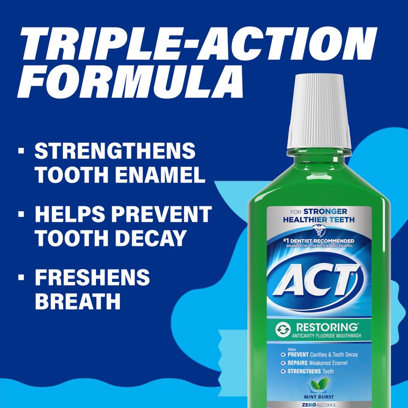 ACT Restoring Zero Alcohol Fluoride Mouthwash 33.8 fl. oz. Strengthens Tooth Enamel, Mint Burst - Image 4