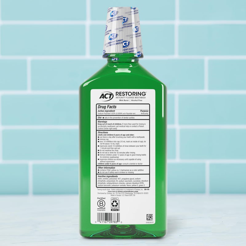 ACT Restoring Zero Alcohol Fluoride Mouthwash 33.8 fl. oz. Strengthens Tooth Enamel, Mint Burst - Image 2