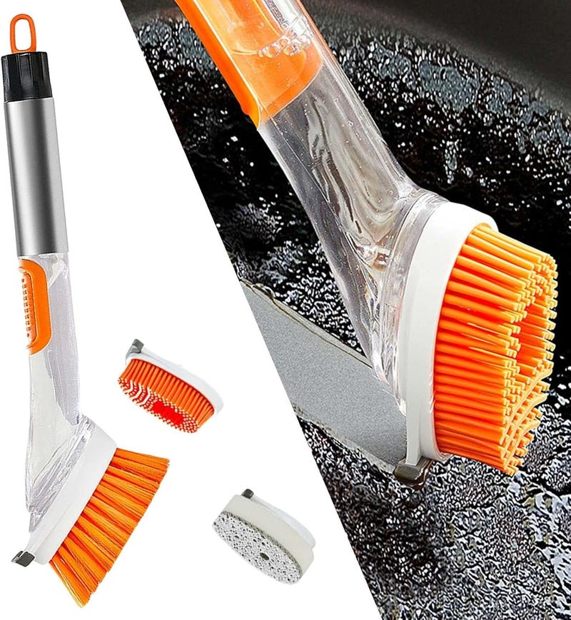 klarako 3 in1 Dish Brush Stainless Steel Handle Scrubbing Dish Brushes Dish Soap Control Washing Brush Scrubber for Bowls Pan Pot Washing Cleaning, Orange - Image 5