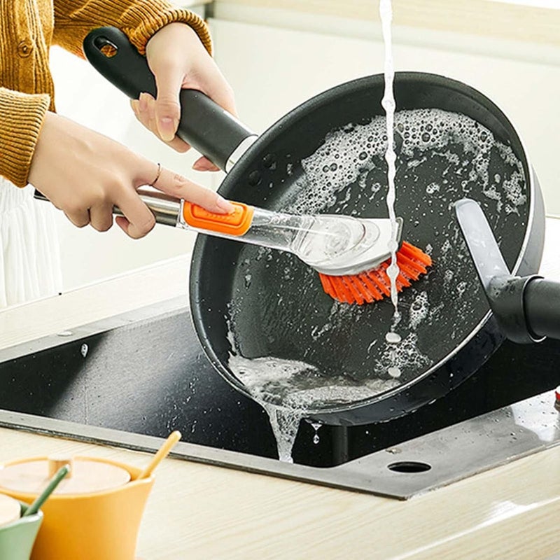 klarako 3 in1 Dish Brush Stainless Steel Handle Scrubbing Dish Brushes Dish Soap Control Washing Brush Scrubber for Bowls Pan Pot Washing Cleaning, Orange - Image 4