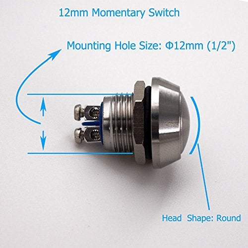 Jufay Momentary Push Button Switch, URTONE UR123, 1NO SPST DC/AC 36V 2A Stainless Steel Metal Shell Suitable for 12mm 1/2" Mounting Hole - Silver - Image 4