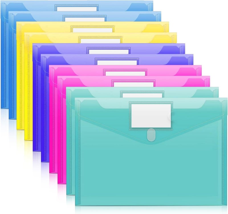 Proxima Direct 10 Pack A4 Plastic File Folder Envelopes with Label Pocket and Snap Button, Clear Document Folders,Poly Envelopes for Home, Work, Office Organization - Image 1