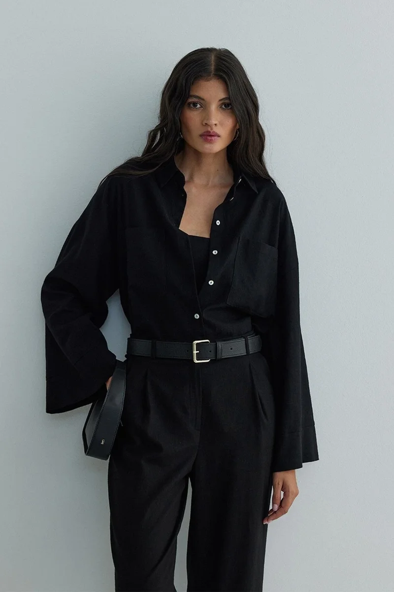 Suud Collection Black Milos Linen Kimono Shirt