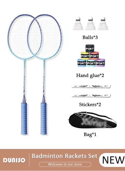Badminton Rackets Set 2 Player, Premium Lightweight & Durable, Ferroalloy Badminton Rackets Set with 3 Shuttlecocks, 2 Replacement Grip Straps & 1 Carrying Bag for Beginners Outdoor Backyard Games, Daily Play and Training