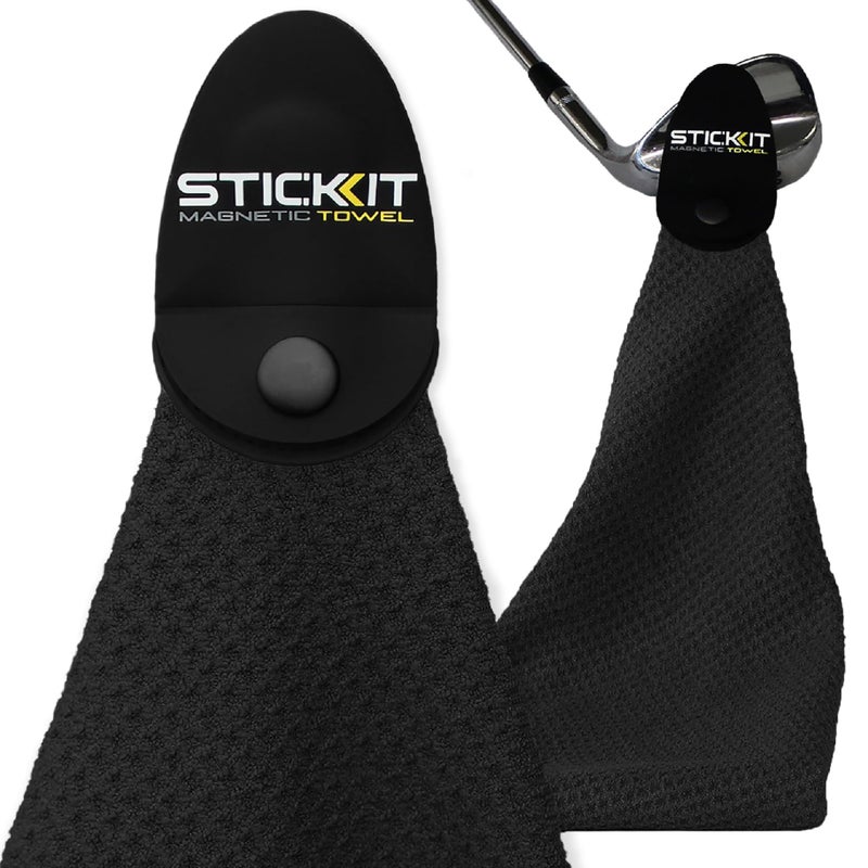 STICKIT Magnetic Towel Black  TopTier Microfiber Golf Towel with Deep Waffle Pockets  Industrial Strength Magnet for Strong Hold to Golf Carts or Clubs