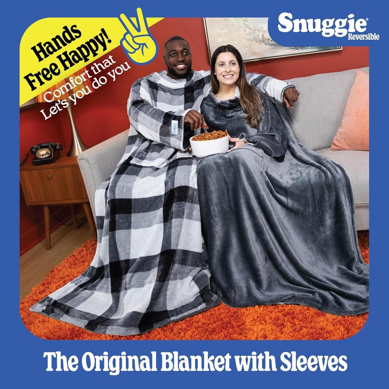 Snuggie Reversible - The Original As Seen on TV Wearable Blanket That Has Sleeves - Cozy, Warm and Soft Velveteen - Oversized Functional Blanket with Pockets, Adult Size, Grey/Plaid - Image 3