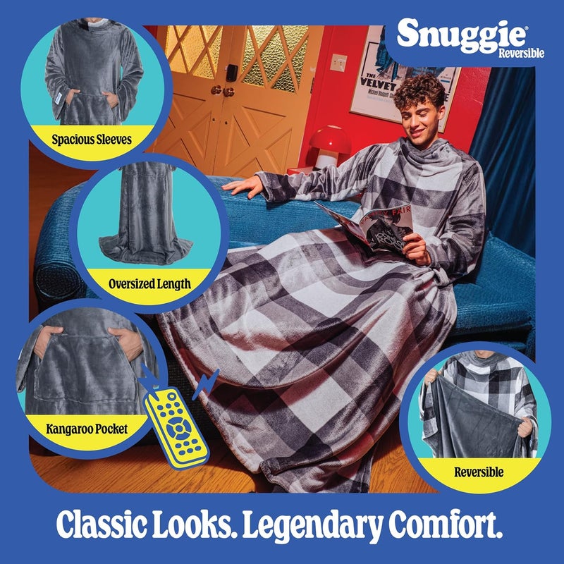 Snuggie Reversible - The Original As Seen on TV Wearable Blanket That Has Sleeves - Cozy, Warm and Soft Velveteen - Oversized Functional Blanket with Pockets, Adult Size, Grey/Plaid - Image 1