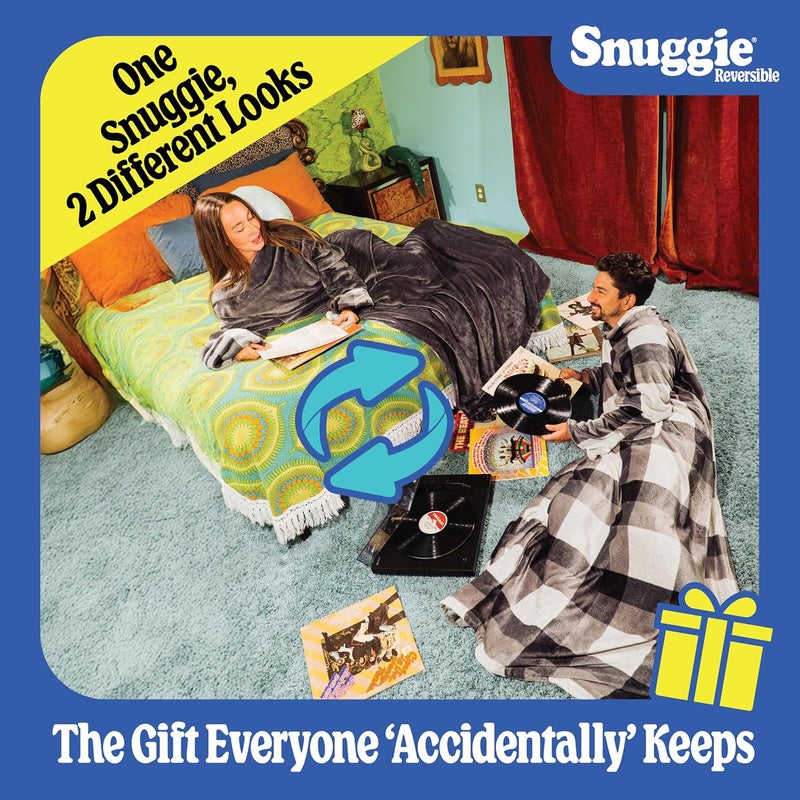 Snuggie Reversible - The Original As Seen on TV Wearable Blanket That Has Sleeves - Cozy, Warm and Soft Velveteen - Oversized Functional Blanket with Pockets, Adult Size, Grey/Plaid - Image 2