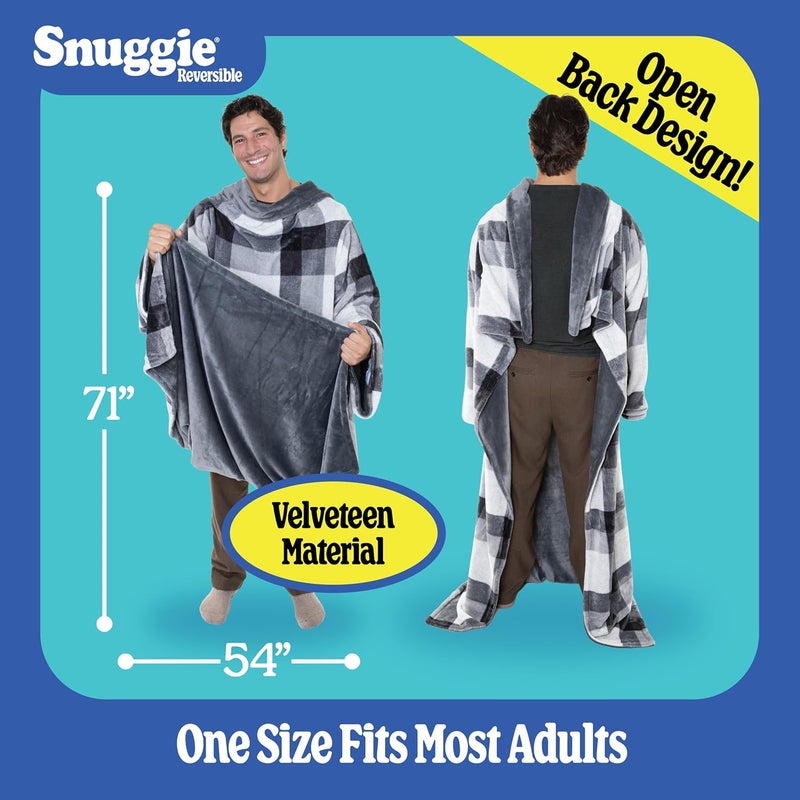 Snuggie Reversible - The Original As Seen on TV Wearable Blanket That Has Sleeves - Cozy, Warm and Soft Velveteen - Oversized Functional Blanket with Pockets, Adult Size, Grey/Plaid - Image 4