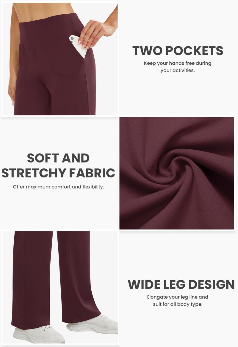 COPYLEAF Wide Leg Pants Woman High Waist Yoga Pants with Pockets Loose Stretch Dress Work Sweatpants Casual Lounge(Wine M) - Image 4