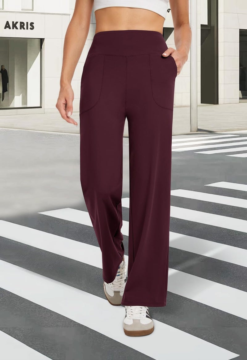 COPYLEAF Wide Leg Pants Woman High Waist Yoga Pants with Pockets Loose Stretch Dress Work Sweatpants Casual Lounge(Wine M) - Image 2