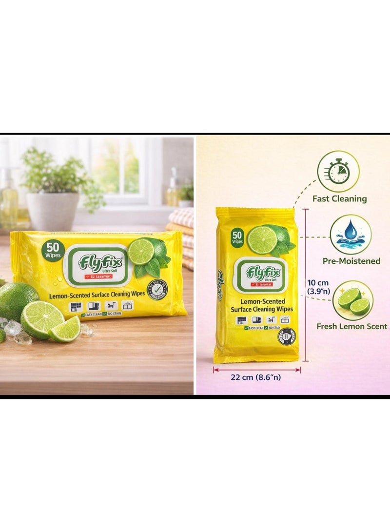Flyfix Lemon Scented Surface Cleaning Wipes 50 Wipes – Multi Purpose Cleaning Wet Wipes