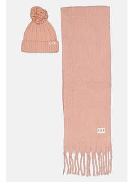 ELLE Women 2 Piece Knitted Scarves And Beanie Set, Peach  - Image 2